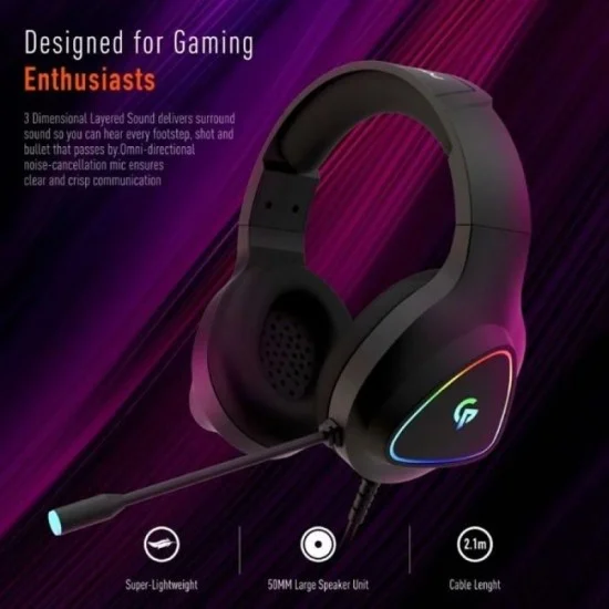 Porodo Gaming Headphone HD Sound With RGB - Black